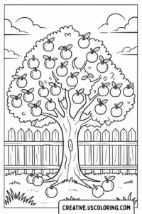 apple-tree-with-apples-and-fence-coloring-page