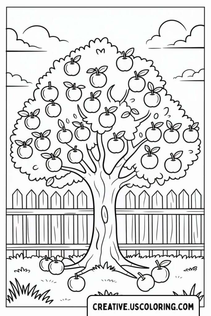 apple-tree-with-apples-and-fence-coloring-page