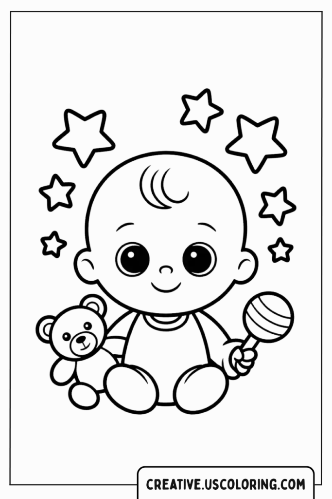 baby-holding-lollipop-with-teddy-bear-and-stars-coloring-page