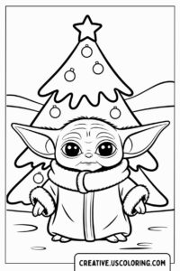 baby-yoda-illustration-in-front-of-christmas-tree-coloring-page