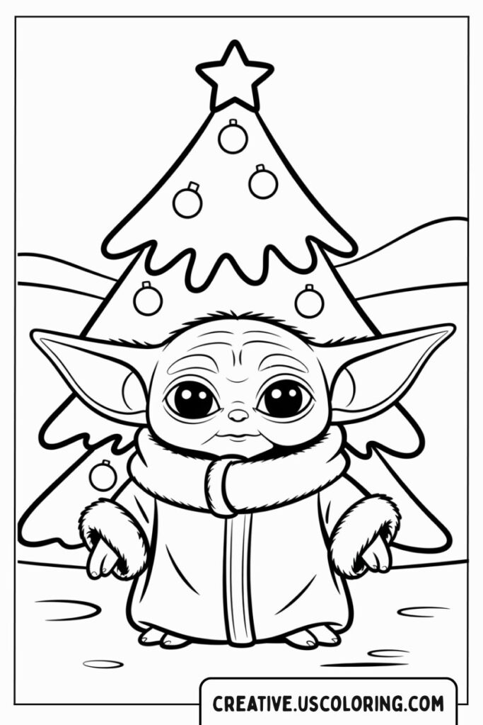 baby-yoda-illustration-in-front-of-christmas-tree-coloring-page