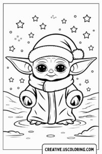 baby-yoda-wearing-hat-and-scarf-with-stars-coloring-page