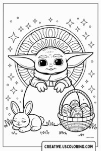 baby-yoda-with-easter-bunny-and-basket-coloring-page