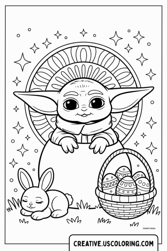 baby-yoda-with-easter-bunny-and-basket-coloring-page