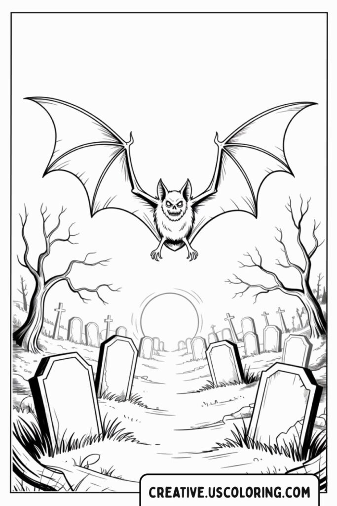 bat-flying-over-graveyard-coloring-page