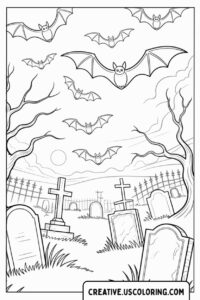 bats-flying-over-graveyard-coloring-page