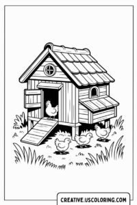 chicken-coop-with-hens-and-chicks-coloring-page