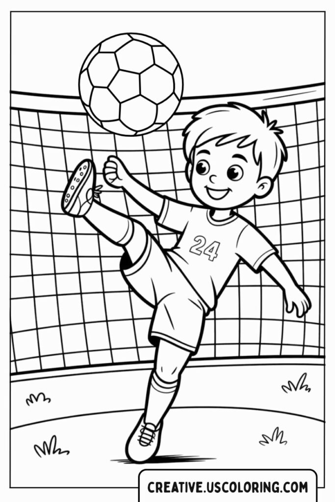 cute-boy-kicking-soccer-ball-in-goal-coloring-page