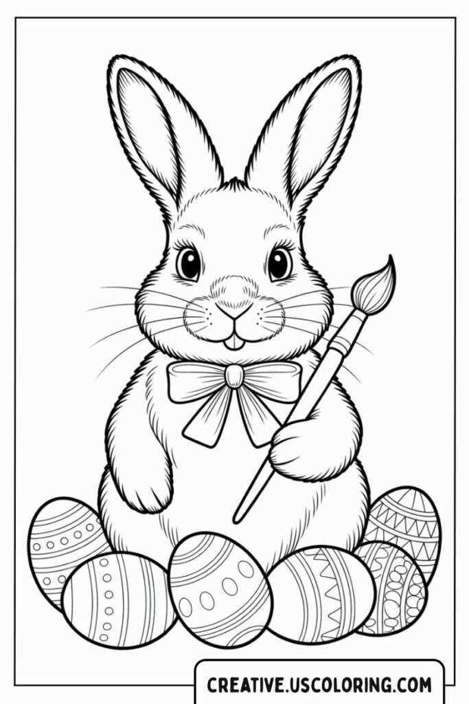 cute-bunny-holding-a-paintbrush-sitting-among-decorated-easter-eggs-coloring-page