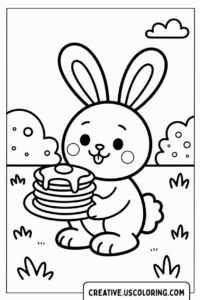 cute-bunny-holding-a-stack-of-pancakes-with-syrup-in-a-grassy-area-with-clouds-in-the-background-coloring-page