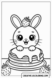 cute-bunny-sitting-on-a-stack-of-pancakes-with-syrup-and-a-strawberry-on-top-coloring-page