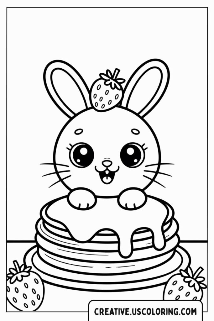 cute-bunny-sitting-on-a-stack-of-pancakes-with-syrup-and-a-strawberry-on-top-coloring-page