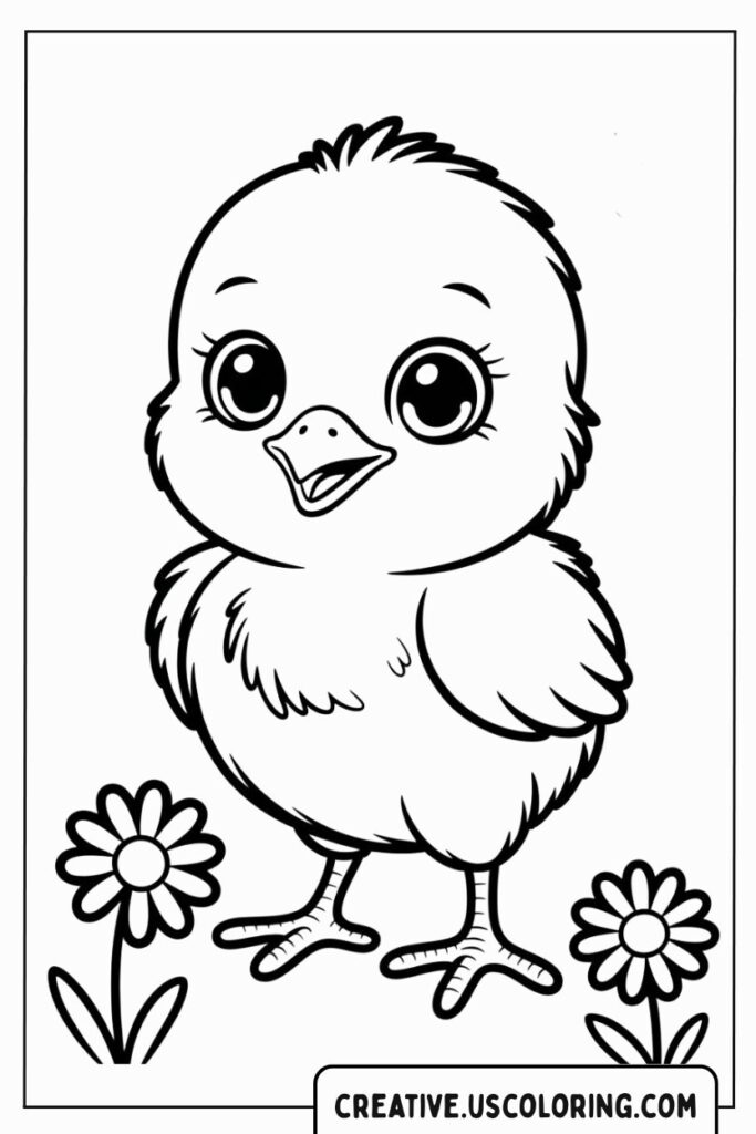 cute-chick-standing-next-to-flowers-coloring-page