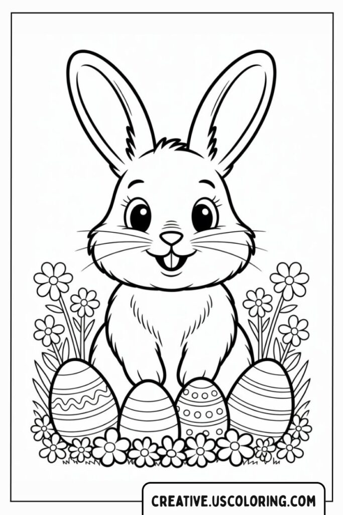 cute-easter-bunny-sitting-among-colorful-eggs-and-flowers-coloring-page