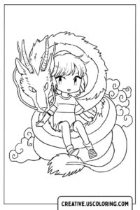 cute-girl-sitting-with-dragon-on-clouds-coloring-page