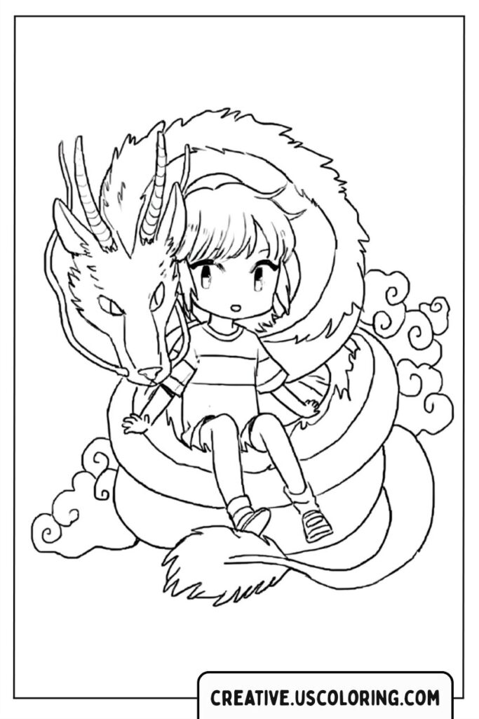 cute-girl-sitting-with-dragon-on-clouds-coloring-page