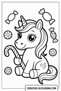 cute-unicorn-holding-a-candy-cane-surrounded-by-colorful-candy-pieces-coloring-page