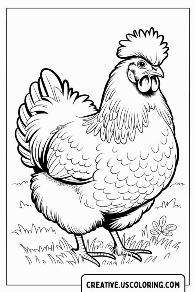 fluffy-chicken-standing-in-grass-coloring-page