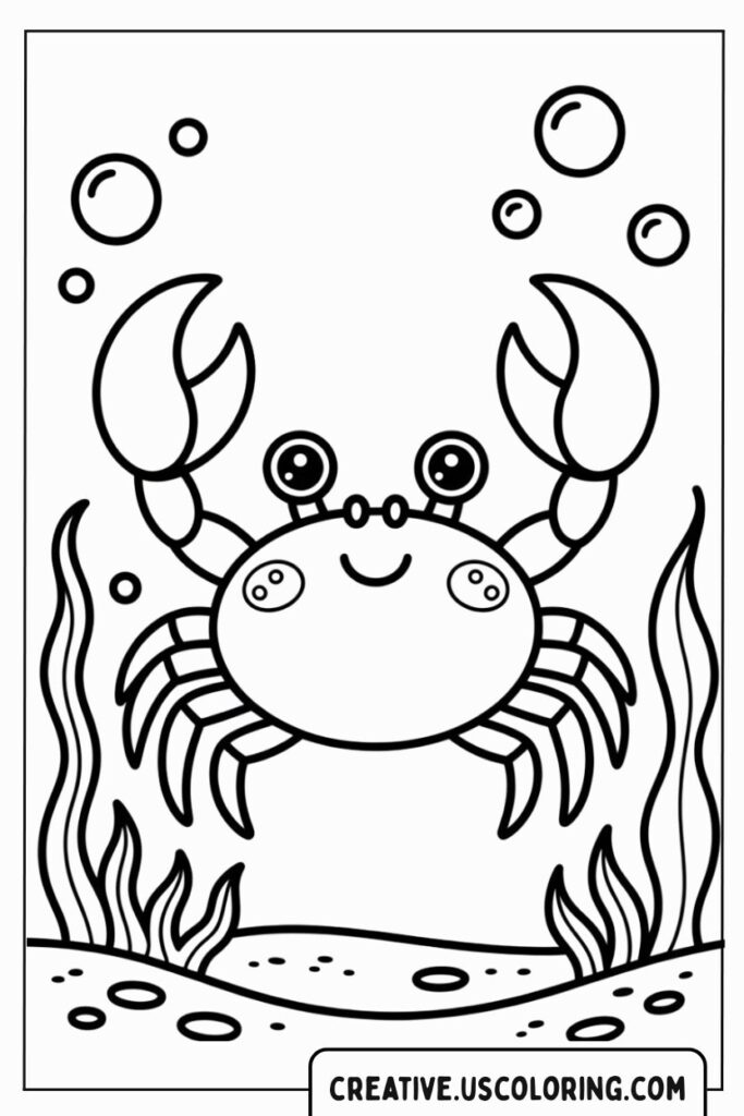 happy-cartoon-crab-with-bubbles-and-seaweed-coloring-page