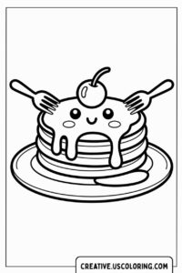 happy-pancakes-with-cherry-and-forks-coloring-page