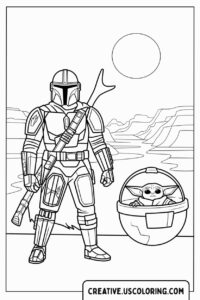 mandalorian-with-baby-yoda-on-planet-coloring-page