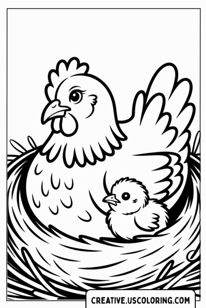 mother-chicken-with-chick-in-nest-coloring-page