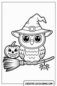 owl-in-witch-hat-with-pumpkin-and-spider-coloring-page