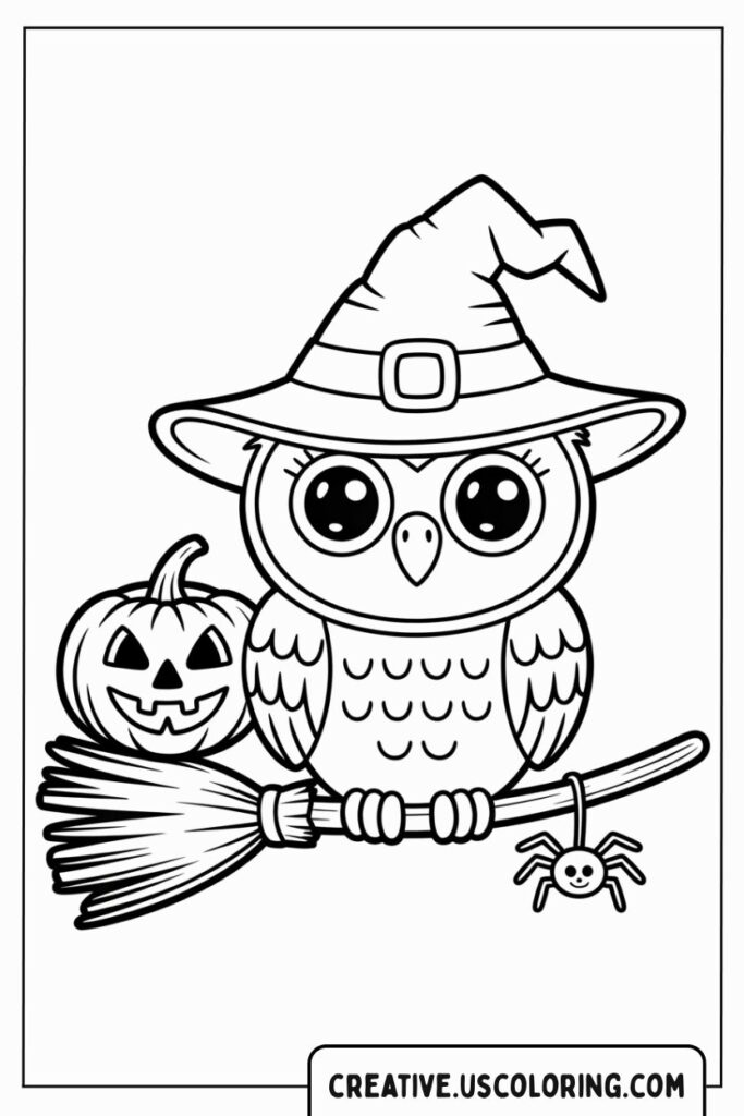 owl-in-witch-hat-with-pumpkin-and-spider-coloring-page