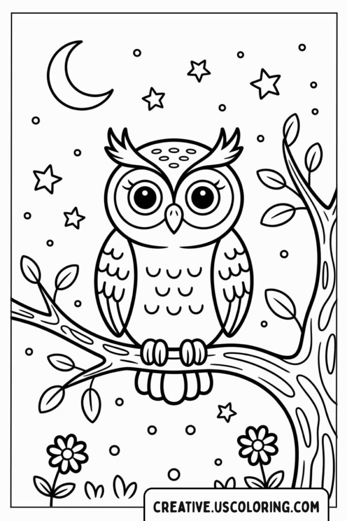 owl-sitting-on-branch-with-moon-and-stars-and-snow-coloring-page