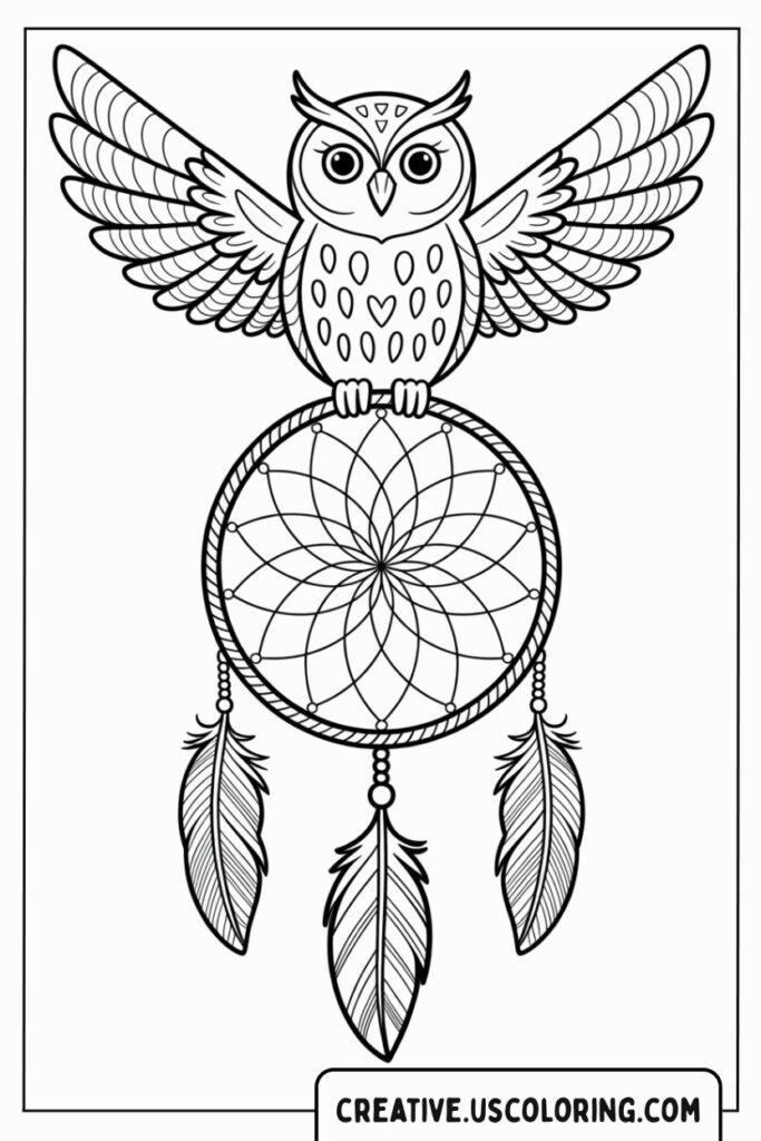 owl-with-dreamcatcher-coloring-page