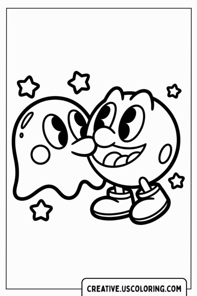 pac-man-and-ghost-kissing-among-stars-coloring-page