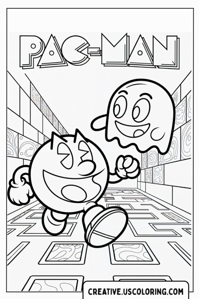 pac-man-and-ghost-running-in-maze-coloring-page
