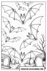 realistic-bats-flying-over-graveyard-coloring-page