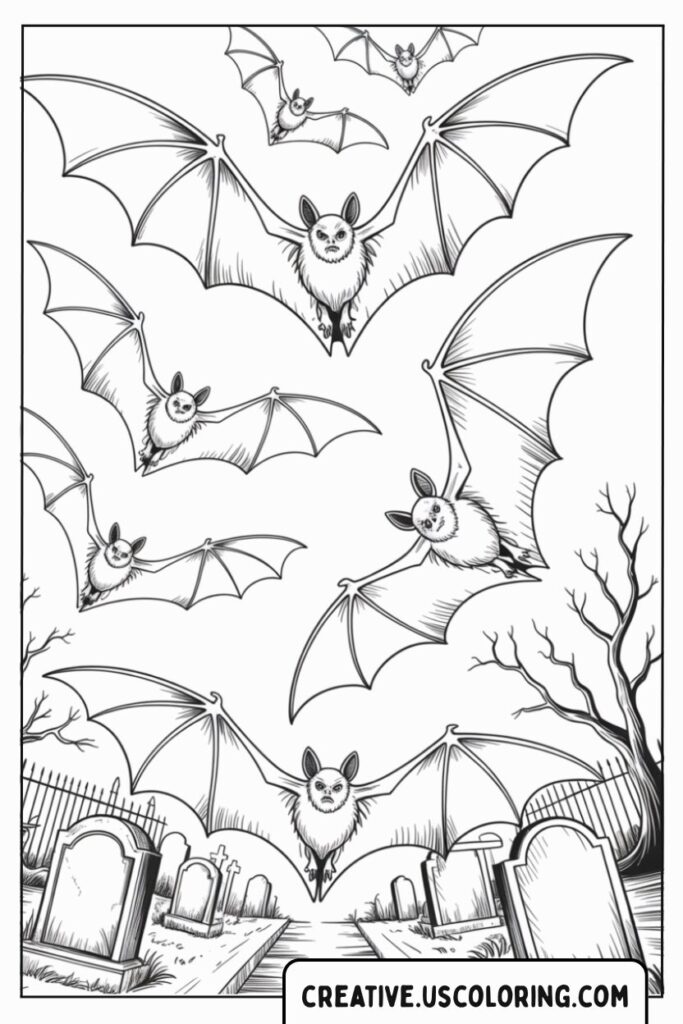 realistic-bats-flying-over-graveyard-coloring-page
