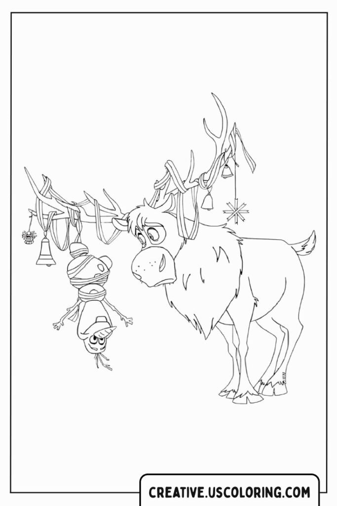 reindeer-with-olaf-hanging-from-antlers-coloring-page