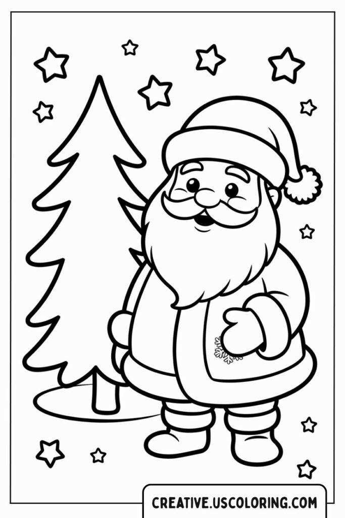 santa-claus-standing-next-to-christmas-tree-coloring-page