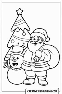 santa-claus-with-snowman-and-christmas-tree-coloring-page