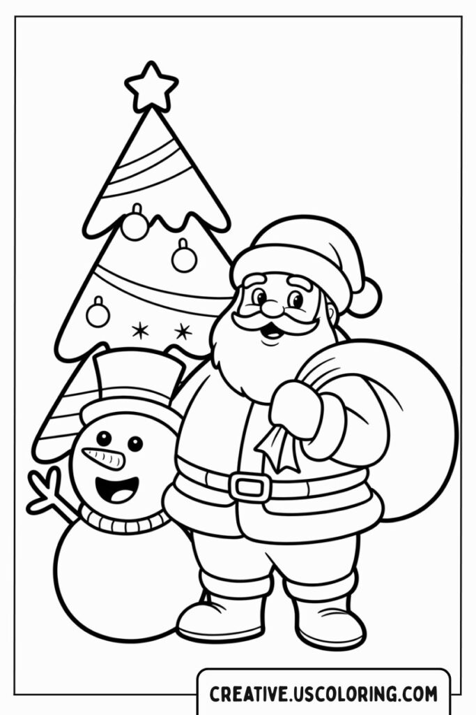 santa-claus-with-snowman-and-christmas-tree-coloring-page