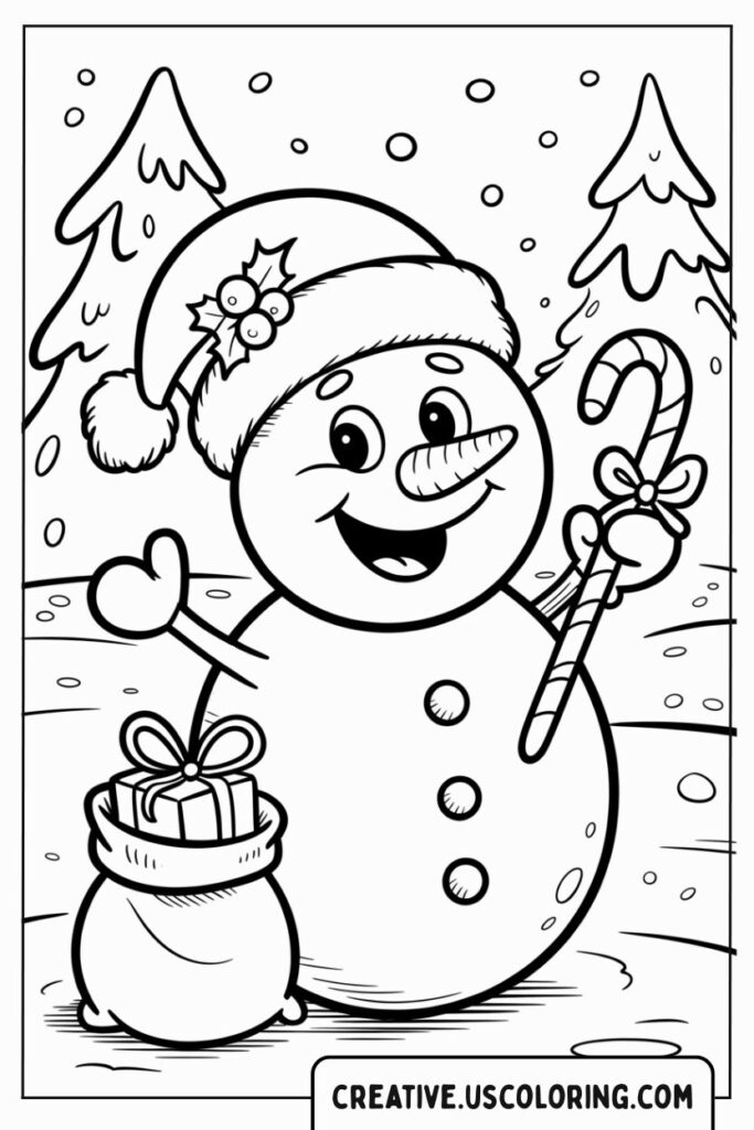 smiling-snowman-with-candy-cane-and-gift-coloring-page