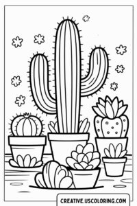 tall-cactus-with-various-plants-in-pots-coloring-page
