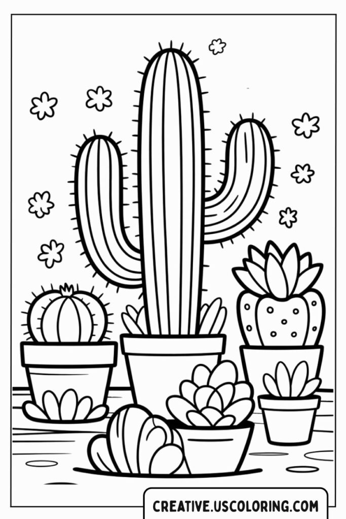 tall-cactus-with-various-plants-in-pots-coloring-page