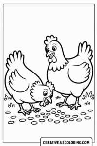 two-chickens-pecking-at-seeds-coloring-page