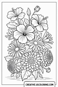 Abundant-Medley-Hibiscus-Daisies-Beautiful-Flower-Coloring-Page