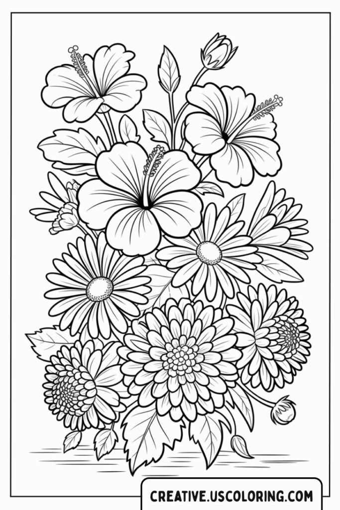 Abundant-Medley-Hibiscus-Daisies-Beautiful-Flower-Coloring-Page