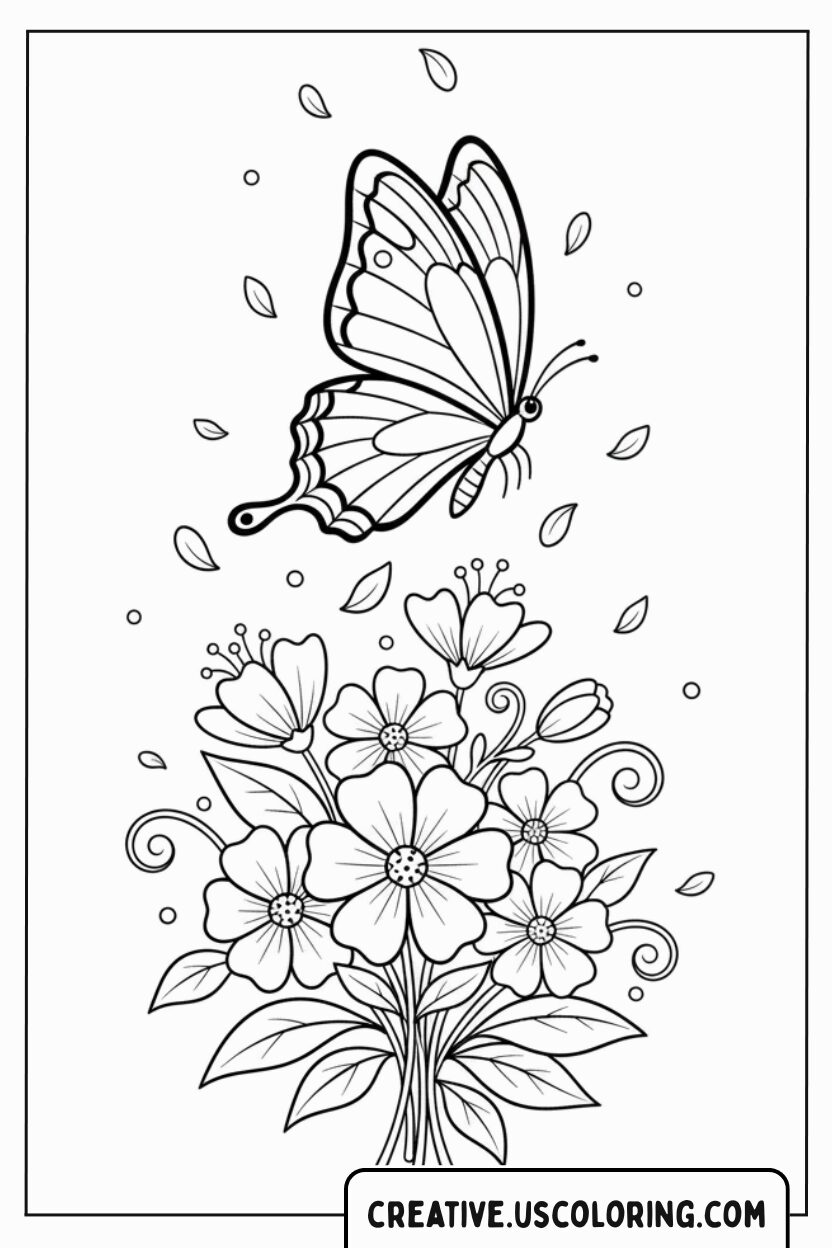 Butterfly and Flowers Coloring Page