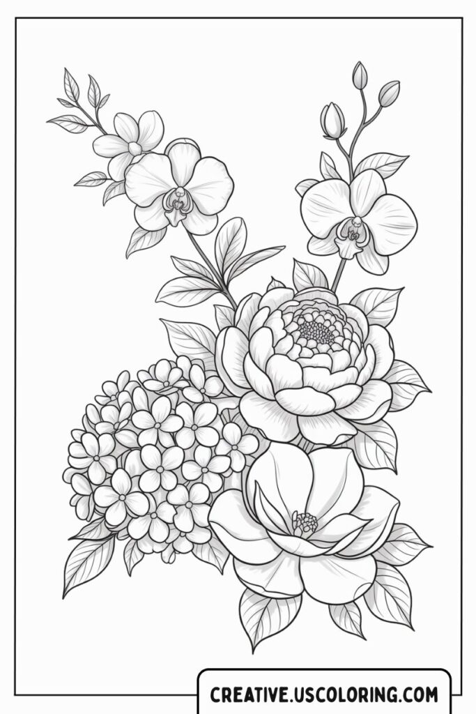 Complex-Orchids-Peony-Hydrangea-Difficult-Flower-Coloring-Page