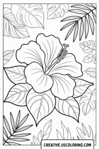 Detailed-Hibiscus-Tropical-Leaves-Hawaiian-Flower-Coloring-Page