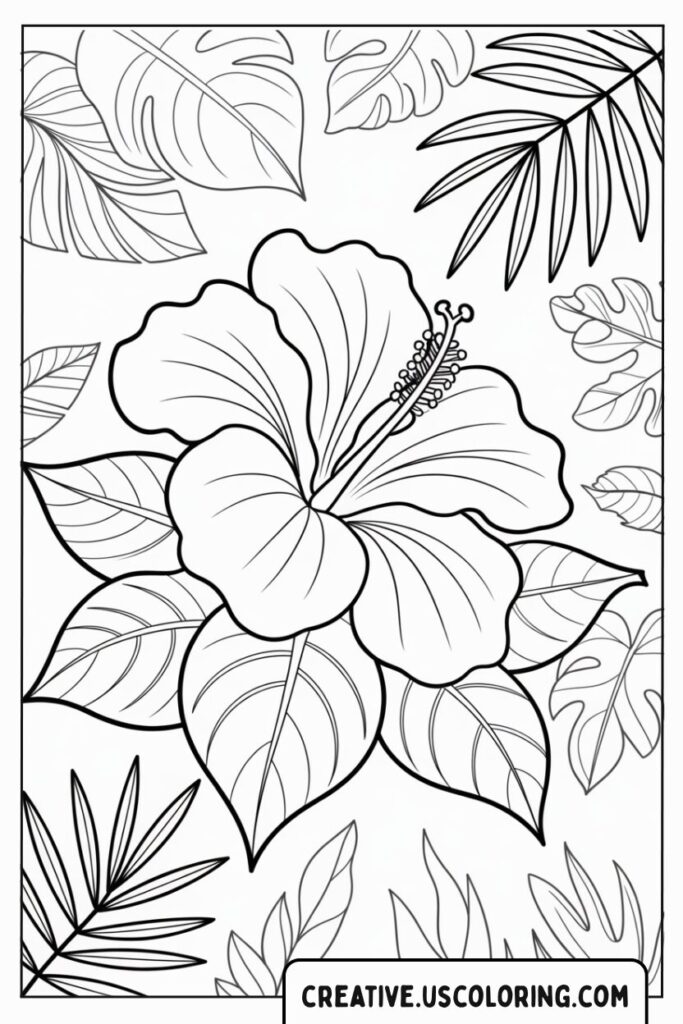 Detailed-Hibiscus-Tropical-Leaves-Hawaiian-Flower-Coloring-Page