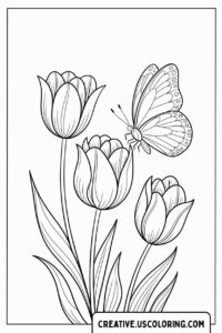 Tulips-and-Butterfly-Spring-Flower-Coloring-Page
