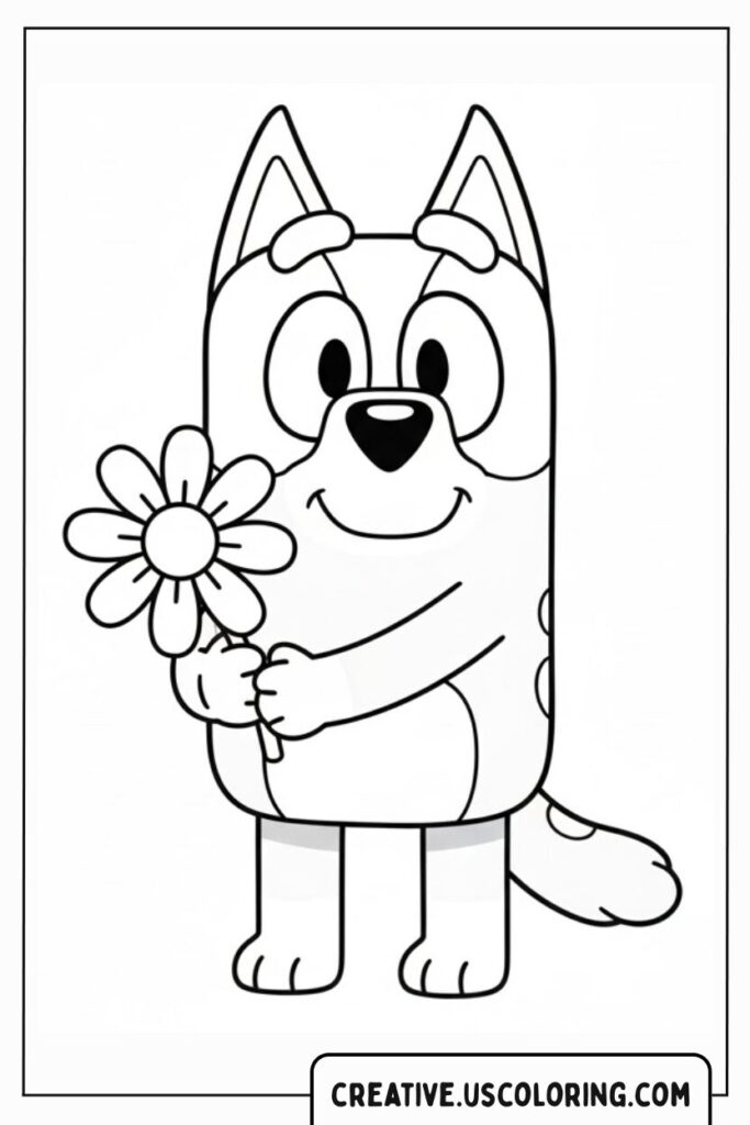 bluey-holding-flower-spring-coloring-page
